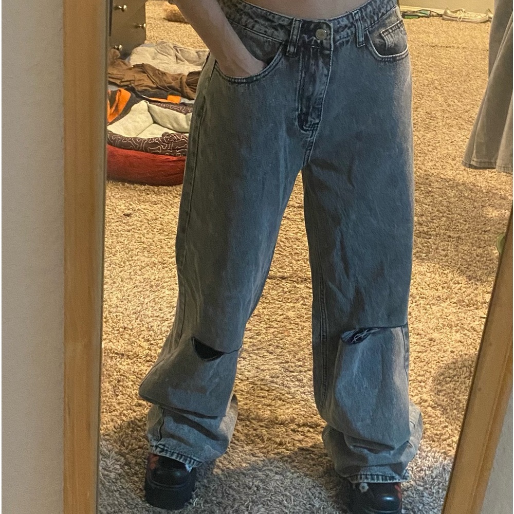 Grey acid wash high waisted baggy boyfriend wide jeans